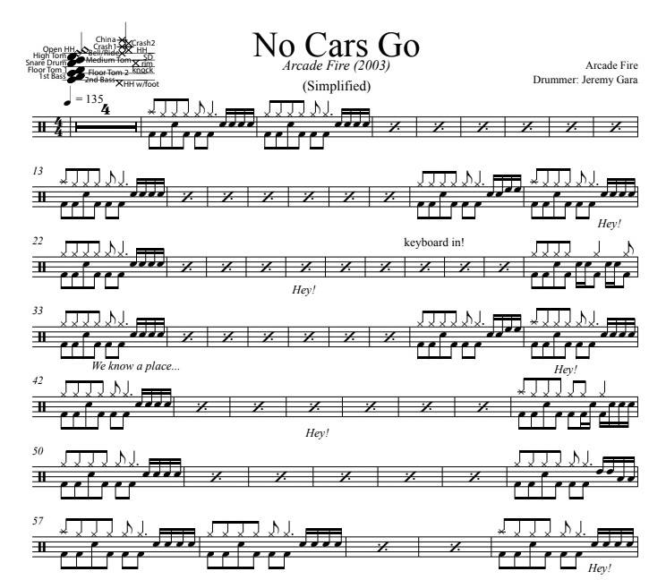 No Cars Go - Arcade Fire - Simplified Drum Transcription / Drum Sheet Music - DrumSetSheetMusic.com