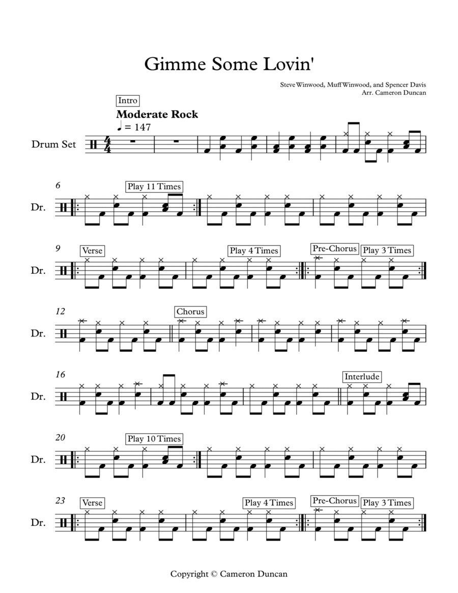 Gimme Some Lovin' - The Spencer Davis Group - Full Drum Transcription / Drum Sheet Music - SheetMusicDirect D