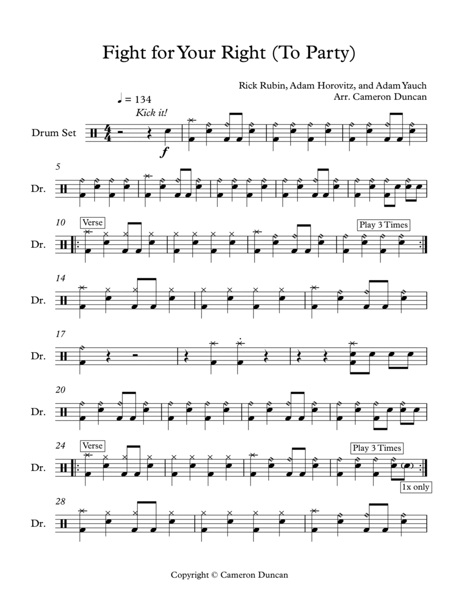 (You Gotta) Fight for Your Right (To Party!) - Beastie Boys - Full Drum Transcription / Drum Sheet Music - SheetMusicDirect D