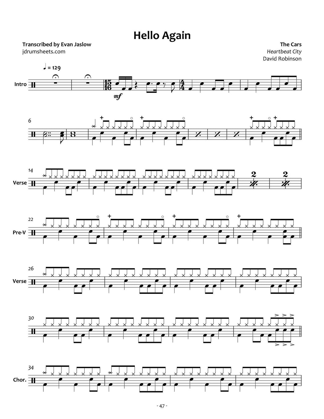Hello Again - The Cars - Full Drum Transcription / Drum Sheet Music - Jaslow Drum Sheets