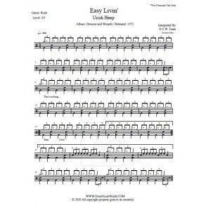 Easy Livin' - Uriah Heep - Full Drum Transcription / Drum Sheet Music - DrumScoreWorld.com