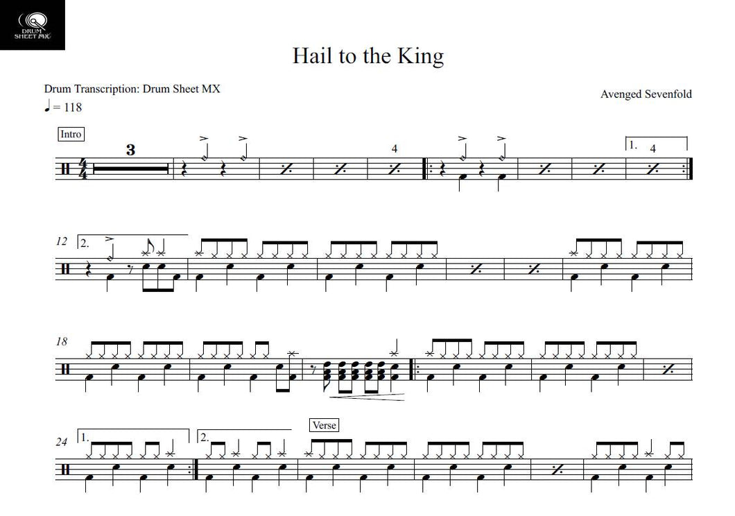 Hail to the King - Avenged Sevenfold - Full Drum Transcription / Drum Sheet Music - Drum Sheet MX