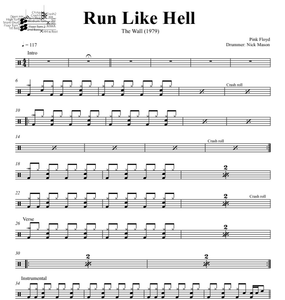 Run Like Hell - Pink Floyd - Full Drum Transcription / Drum Sheet Music - DrumSetSheetMusic.com