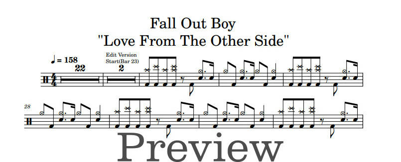 Love from the Other Side - Fall Out Boy - Full Drum Transcription / Drum Sheet Music - DrumonDrummer