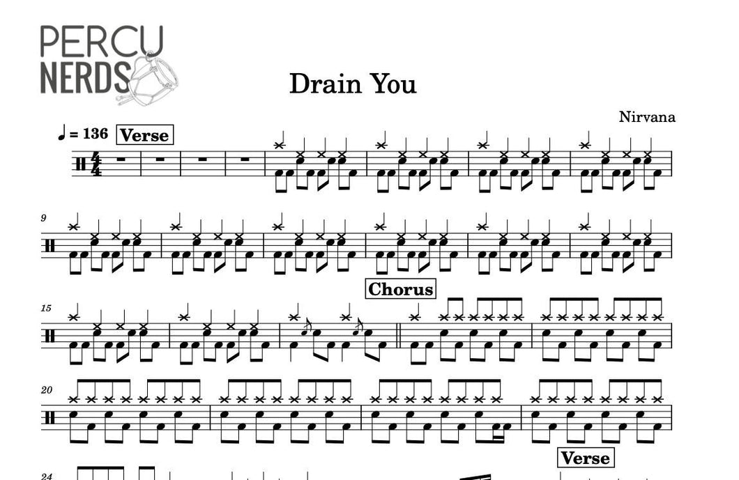 Drain You - Nirvana - Full Drum Transcription / Drum Sheet Music - Percunerds Transcriptions