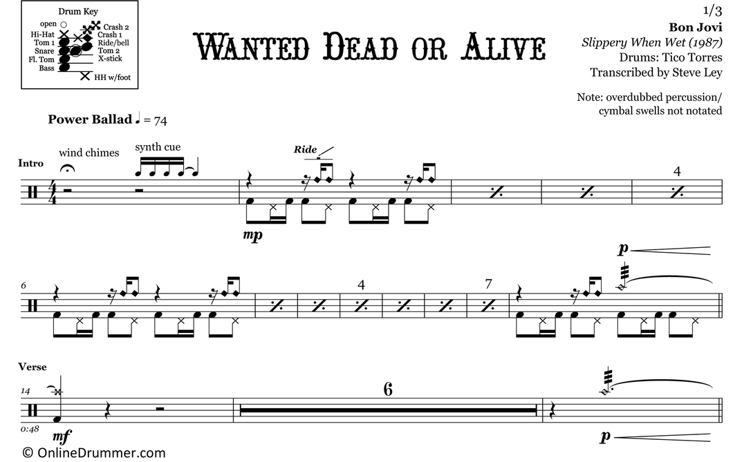 Wanted Dead or Alive - Bon Jovi - Full Drum Transcription / Drum Sheet Music - OnlineDrummer.com