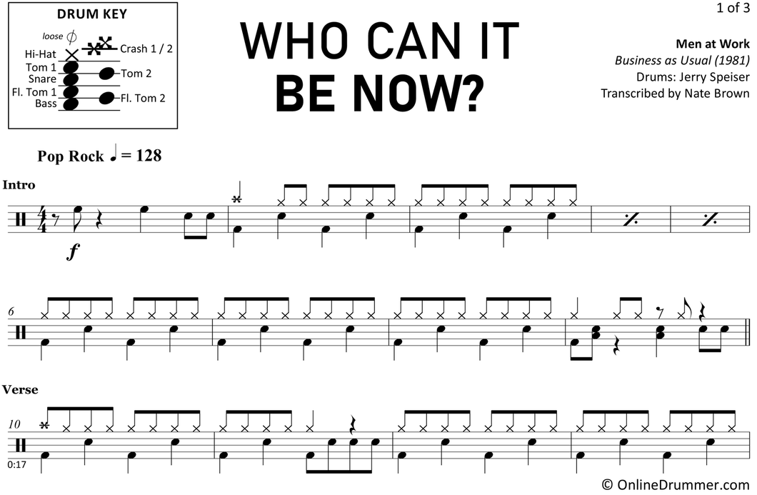 Who Can It Be Now? - Men at Work - Full Drum Transcription / Drum Sheet Music - OnlineDrummer.com