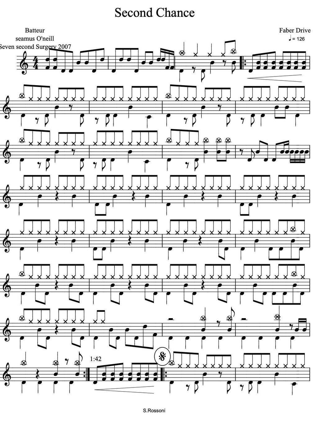 Second Chance - Faber Drive - Full Drum Transcription / Drum Sheet Music - Rossoni