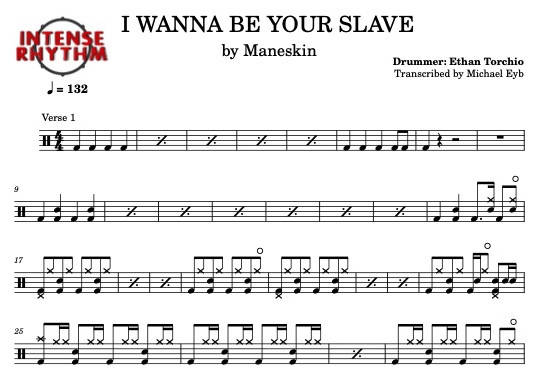 I Wanna Be Your Slave - Måneskin - Full Drum Transcription / Drum Sheet Music - Intense Rhythm Drum Studios