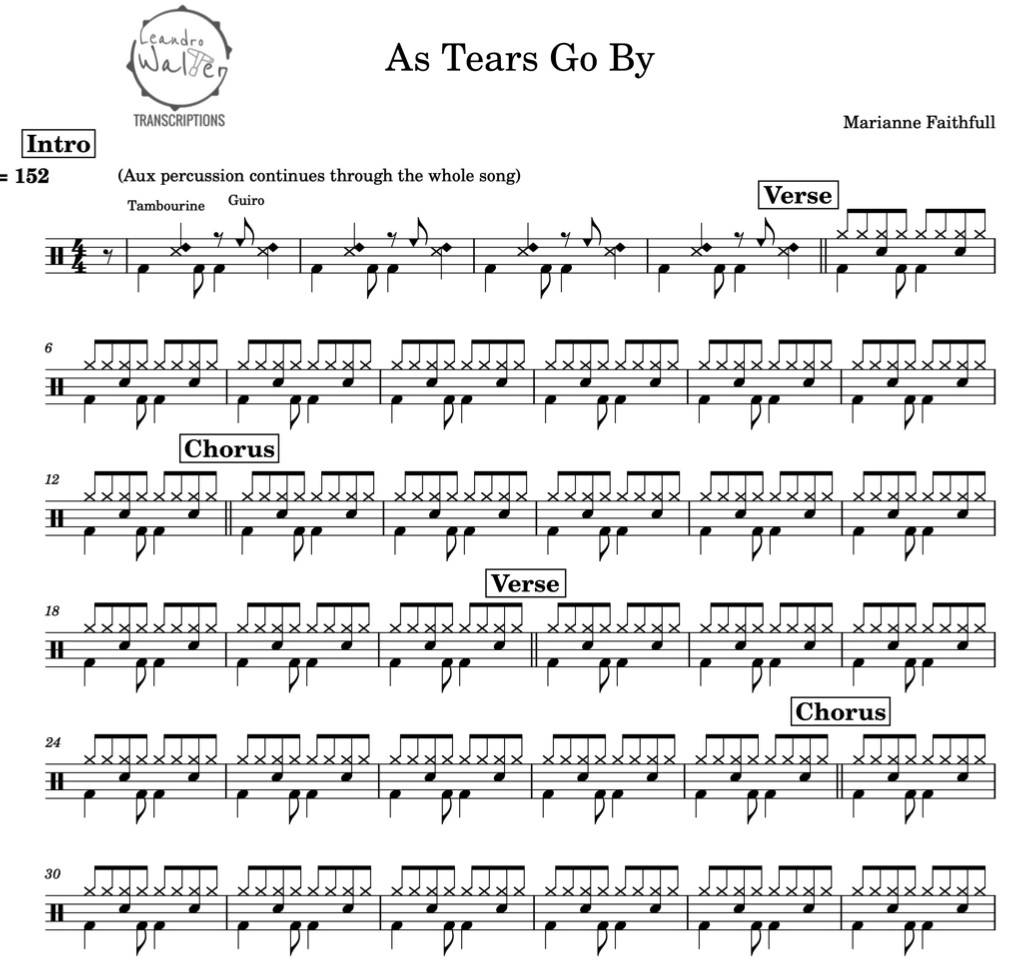 As Tears Go By - Marianne Faithfull - Full Drum Transcription / Drum Sheet Music - Percunerds Transcriptions