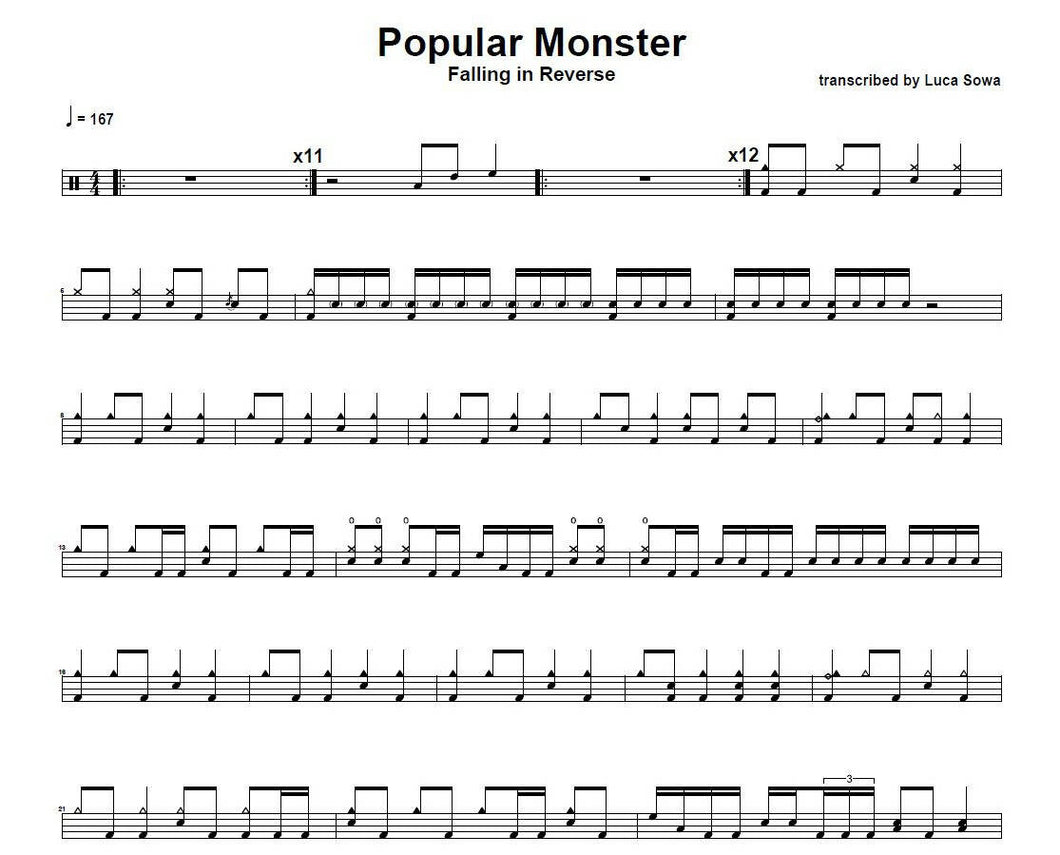 Popular Monster - Falling in Reverse - Full Drum Transcription / Drum Sheet Music - Luca Sowa Drum Sheets