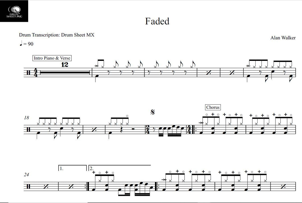 Faded - Alan Walker - Full Drum Transcription / Drum Sheet Music - Drum Sheet MX