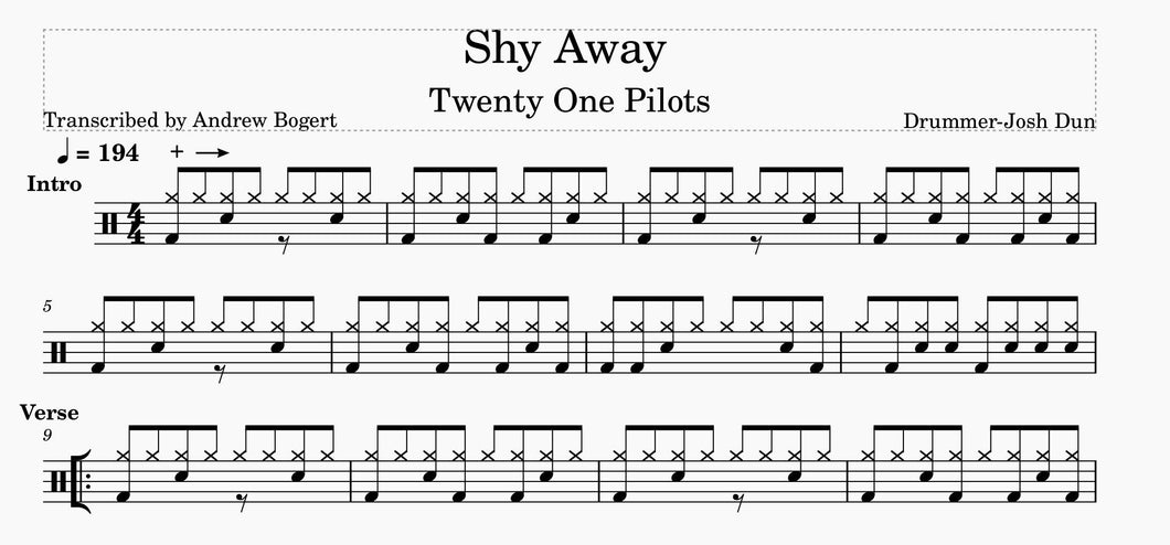 Shy Away - Twenty One Pilots - Full Drum Transcription / Drum Sheet Music - Andrew Bogert