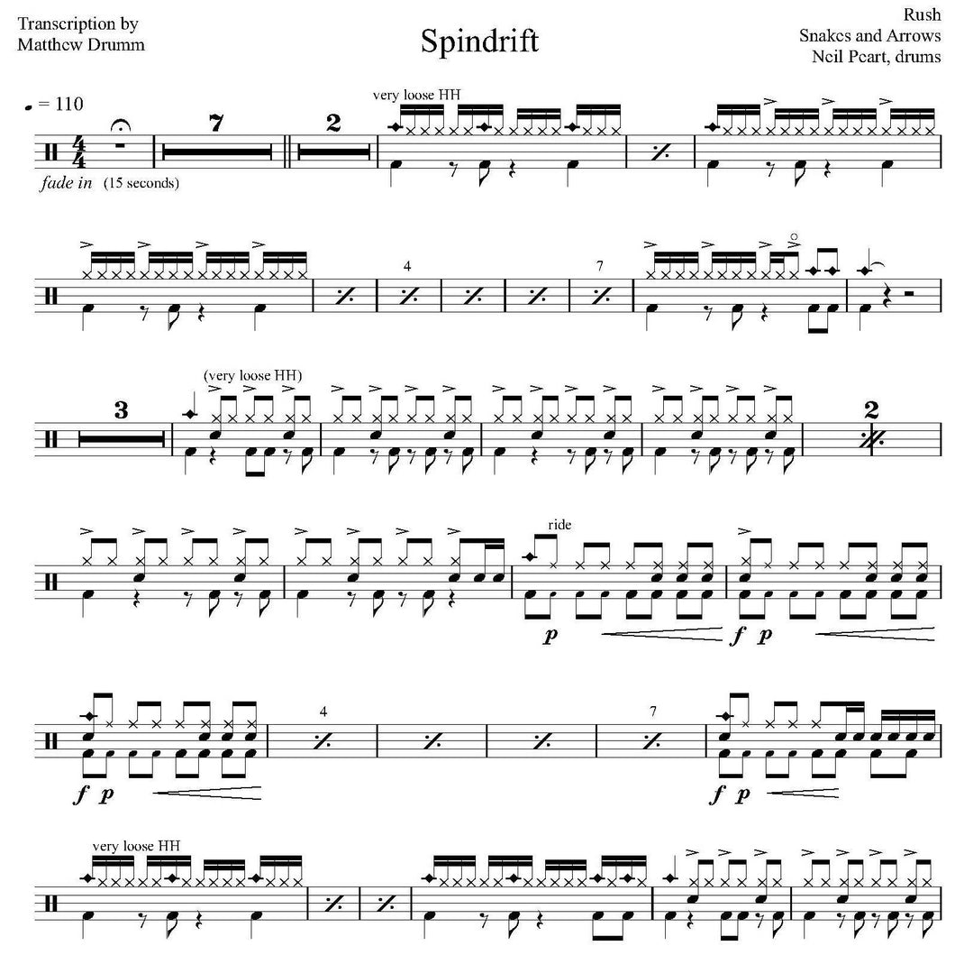 Spindrift - Rush - Collection of Drum Transcriptions / Drum Sheet Music - Drumm Transcriptions