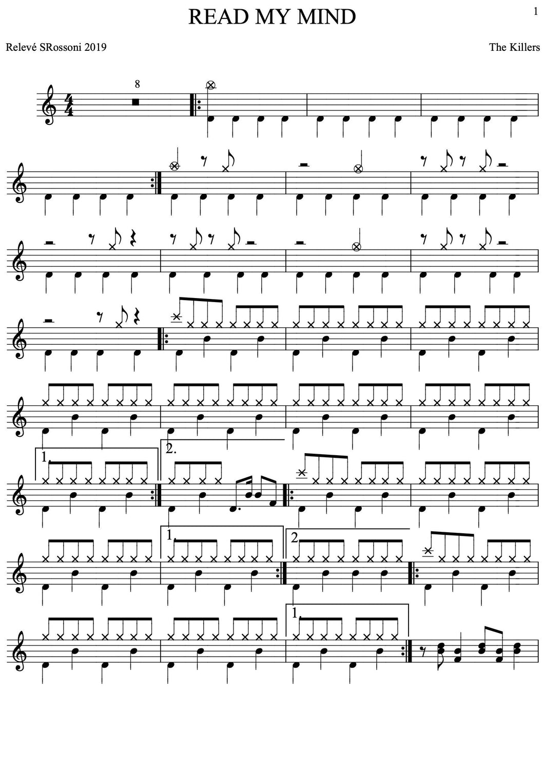 Read My Mind - The Killers - Full Drum Transcription / Drum Sheet Music - Rossoni