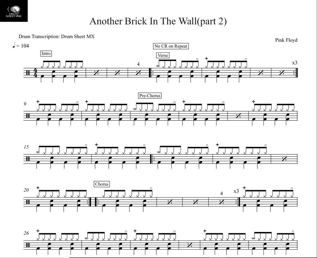 Another Brick in the Wall (part 2) - Pink Floyd - Full Drum Transcription / Drum Sheet Music - Drum Sheet MX