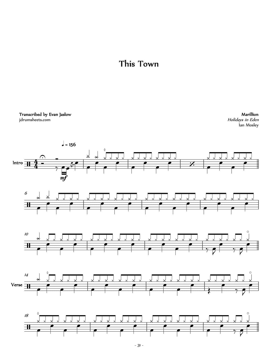 This Town - Marillion - Full Drum Transcription / Drum Sheet Music - Jaslow Drum Sheets