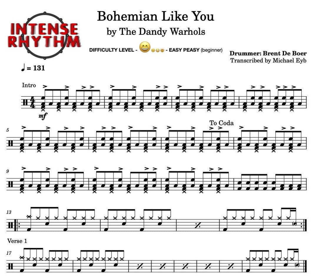 Bohemian Like You - The Dandy Warhols - Full Drum Transcription / Drum Sheet Music - Intense Rhythm Drum Studios