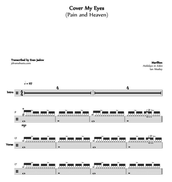 Cover My Eyes (Pain and Heaven) - Marillion - Full Drum Transcription / Drum Sheet Music - Jaslow Drum Sheets