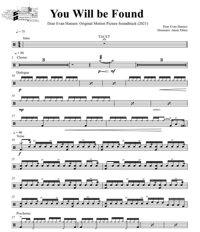 You Will be Found - Dear Evan Hansen (Original Broadway Cast) - Full Drum Transcription / Drum Sheet Music - DrumSetSheetMusic.com