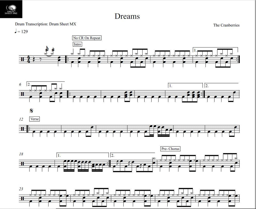 Dreams - The Cranberries - Full Drum Transcription / Drum Sheet Music - Drum Sheet MX