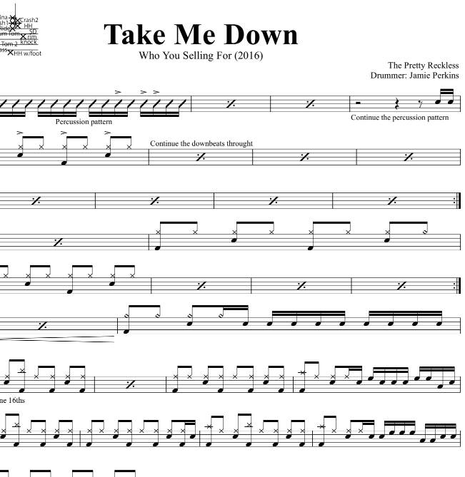 Take Me Down - The Pretty Reckless - Full Drum Transcription / Drum Sheet Music - DrumSetSheetMusic.com