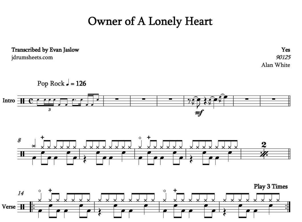 Owner of a Lonely Heart - Yes - Full Drum Transcription / Drum Sheet Music - Jaslow Drum Sheets