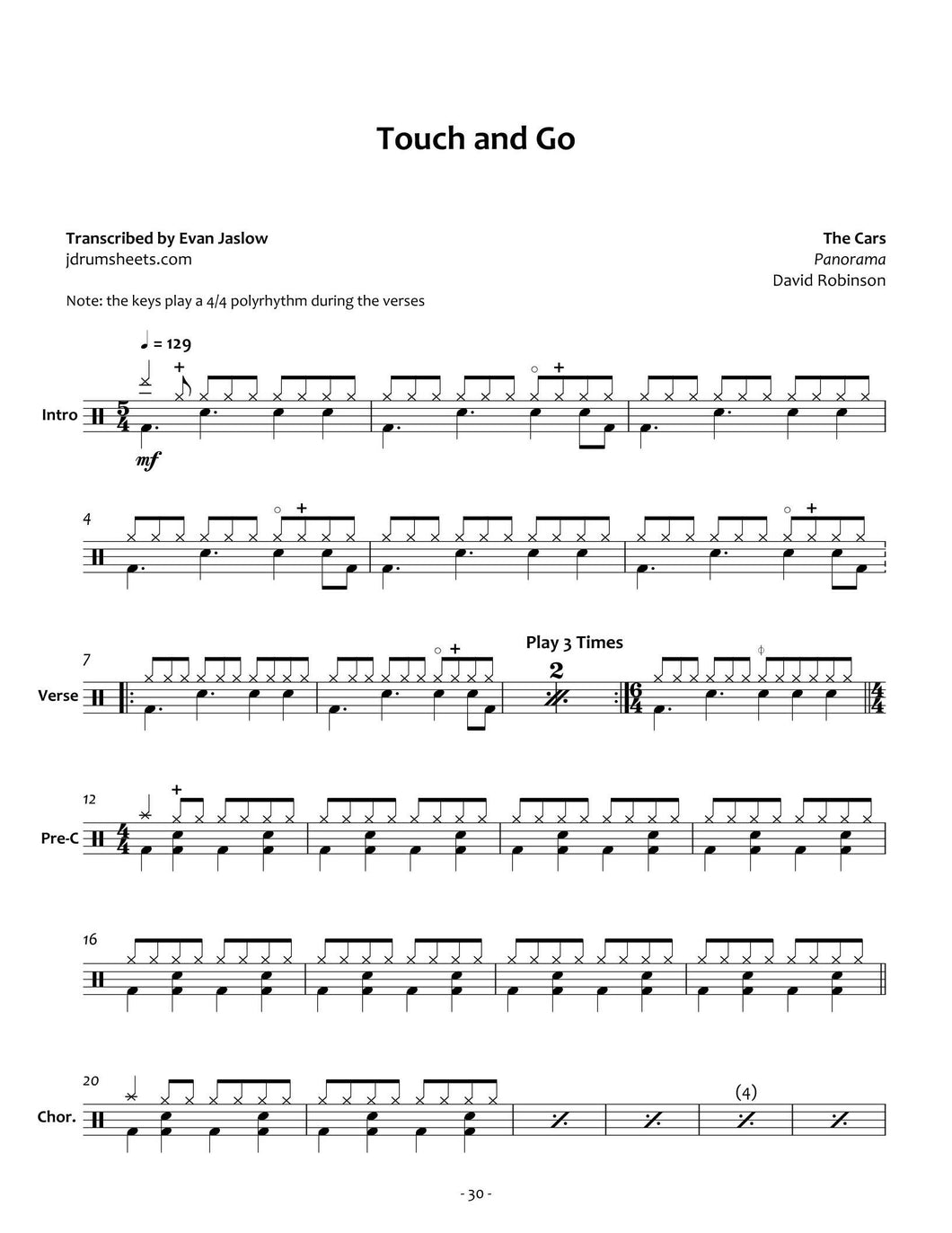 Touch and Go - The Cars - Full Drum Transcription / Drum Sheet Music - Jaslow Drum Sheets