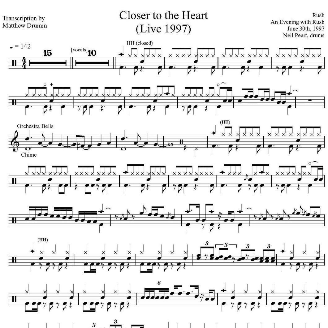 Closer to the Heart (Live in Toronto 1997 on Test for Echo Tour from an Evening with Rush) - Rush - Full Drum Transcription / Drum Sheet Music - Drumm Transcriptions