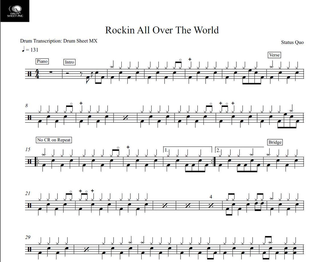 Rockin' All Over the World - Status Quo - Full Drum Transcription / Drum Sheet Music - Drum Sheet MX