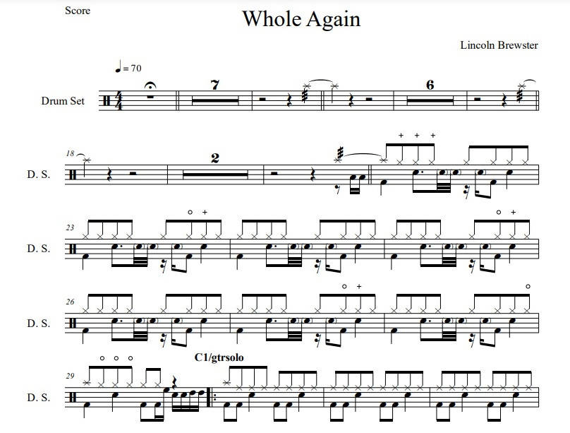 Whole Again - Lincoln Brewster - Full Drum Transcription / Drum Sheet Music - Drumsheets4U