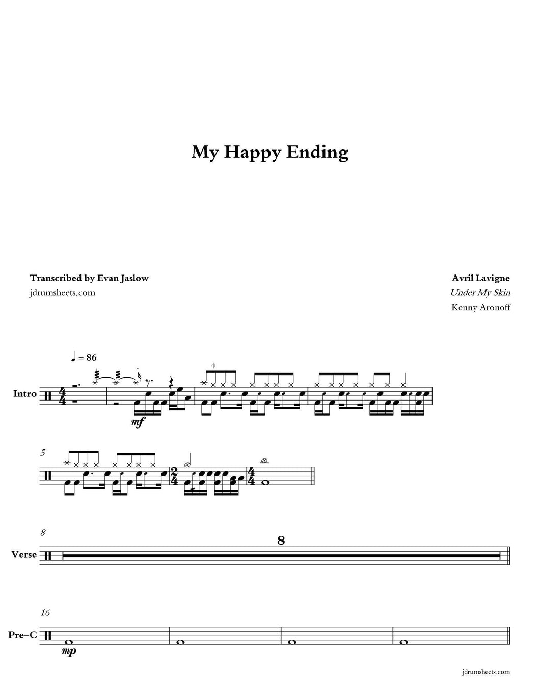 My Happy Ending - Avril Lavigne - Full Drum Transcription / Drum Sheet Music - Jaslow Drum Sheets