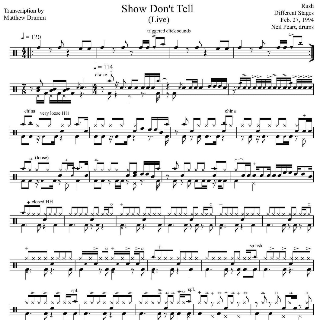 Show Don't Tell (Live in Florida 1994 on Test for Echo Tour from Different Stages) - Rush - Full Drum Transcription / Drum Sheet Music - Drumm Transcriptions