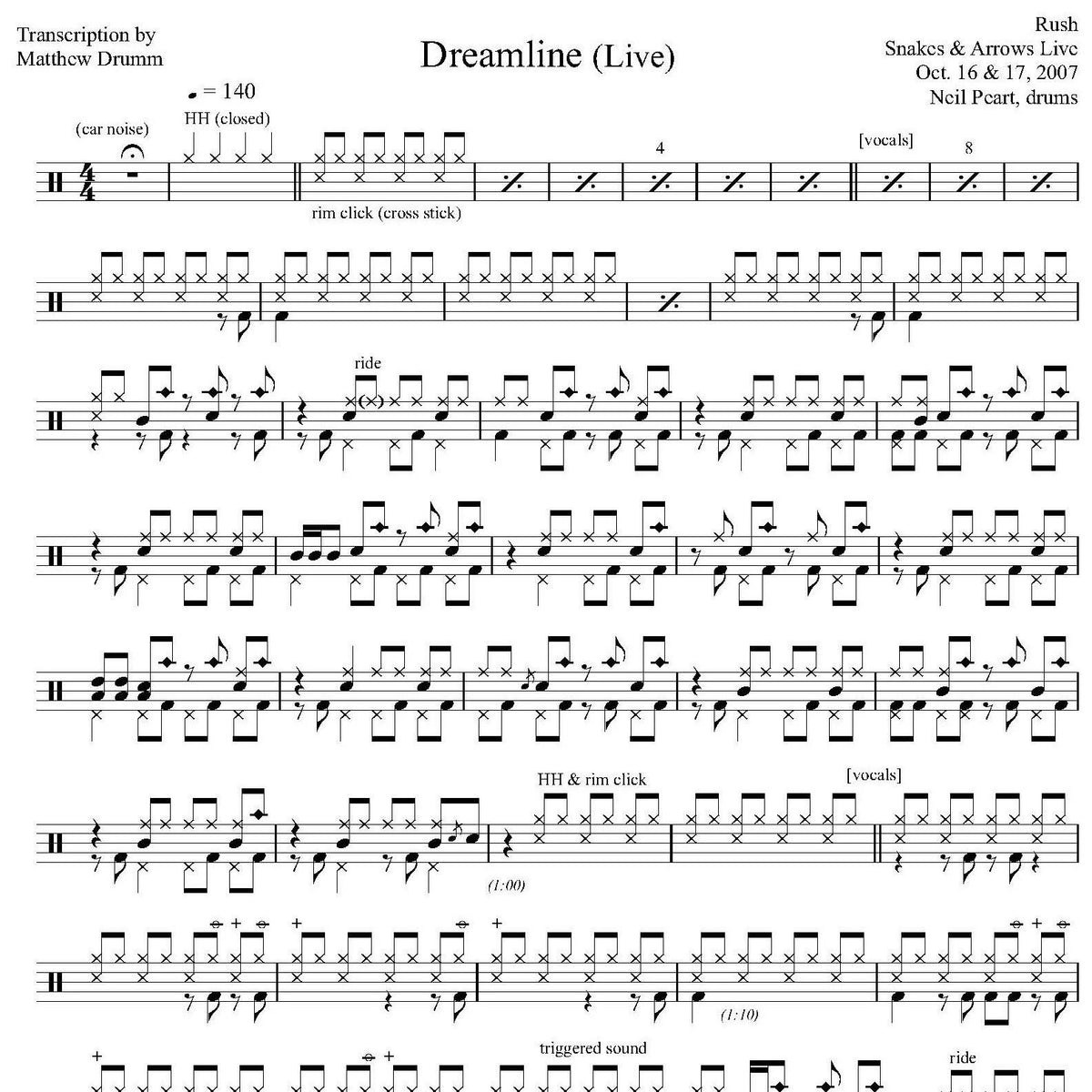 Dreamline Snakes Arrows Live Rush Drum Sheet Music Drumm
