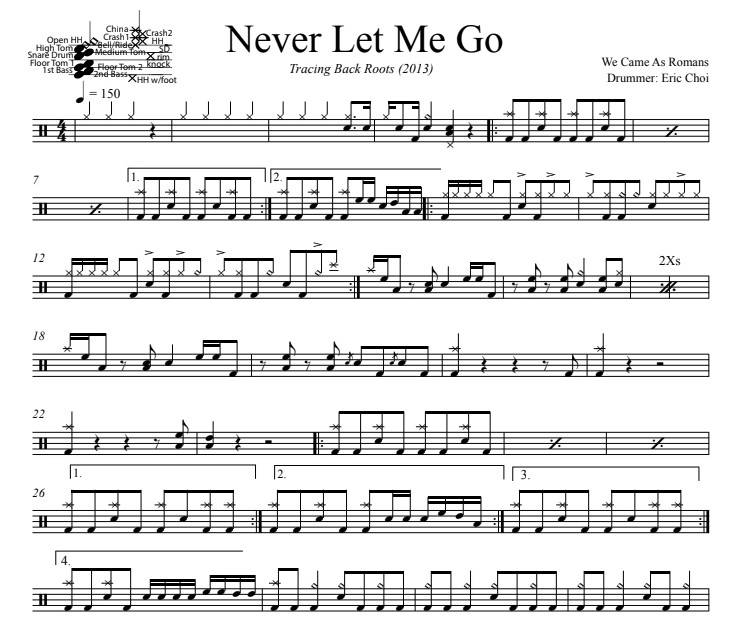 Never Let Me Go - We Came As Romans - Full Drum Transcription / Drum Sheet Music - DrumSetSheetMusic.com