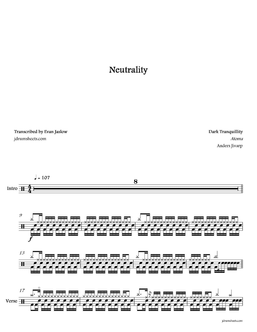 Neutrality - Dark Tranquillity - Full Drum Transcription / Drum Sheet Music - Jaslow Drum Sheets