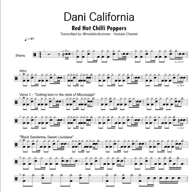Dani California - Red Hot Chili Peppers - Full Drum Transcription / Drum Sheet Music - Smdrums