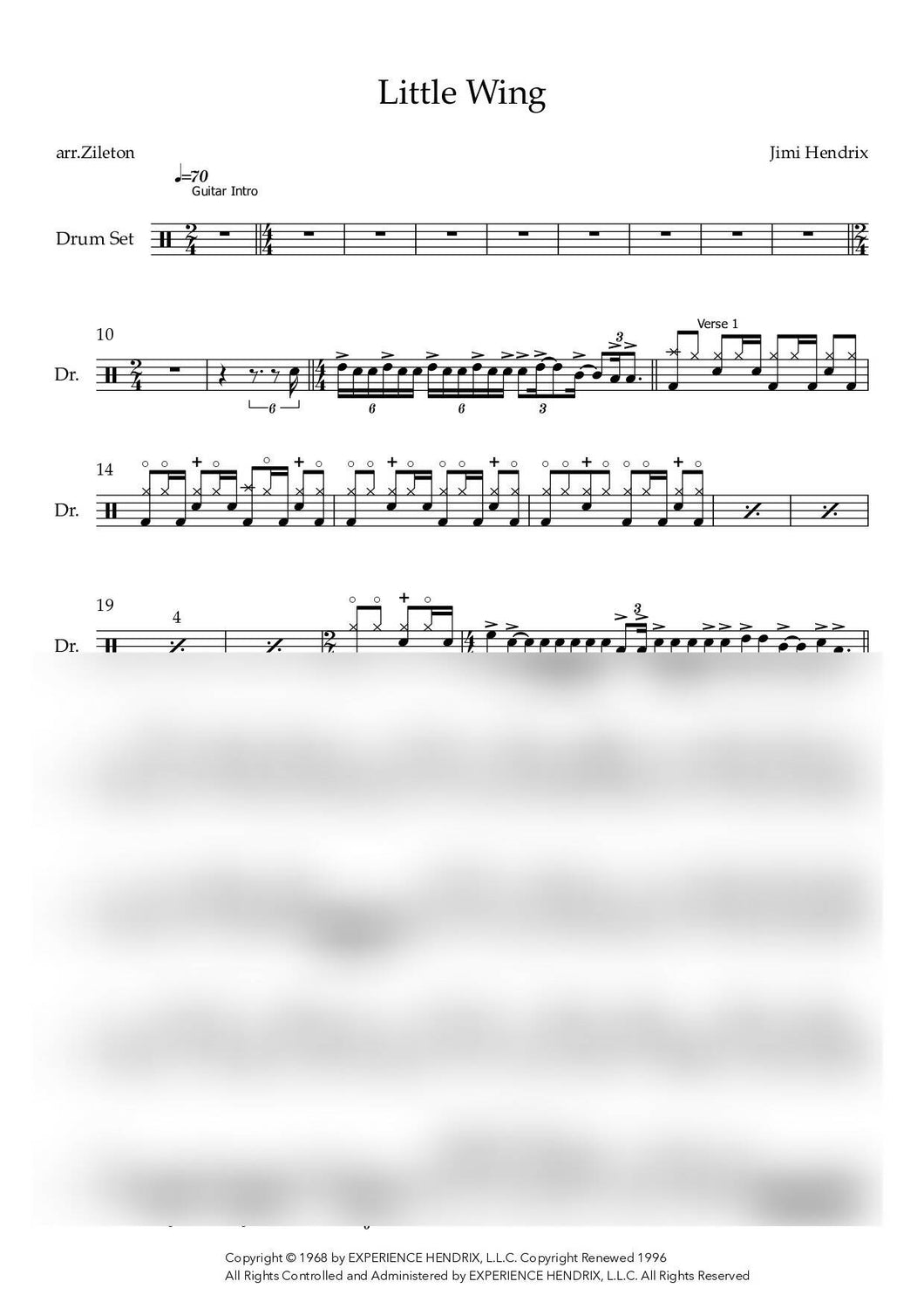 Littele Wing - Jimi Hendrix - Full Drum Transcription / Drum Sheet Music - Ziotrio