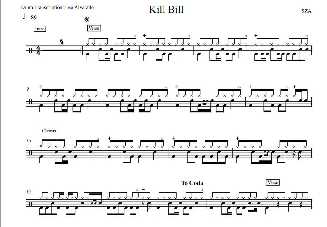 Kill Bill - SZA - Drum Sheet Music - Leo Alvarado – DrumSetSheetMusic