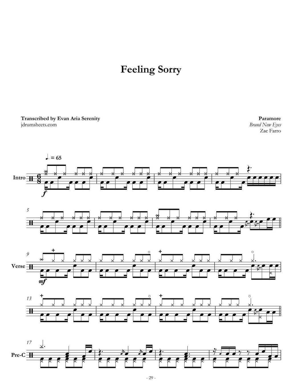 Feeling Sorry - Paramore - Full Drum Transcription / Drum Sheet Music - Jaslow Drum Sheets