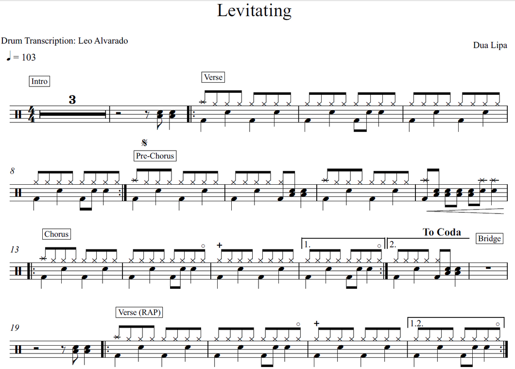 Levitating (feat. DaBaby) - Dua Lipa - Full Drum Transcription / Drum Sheet Music - Leo Alvarado