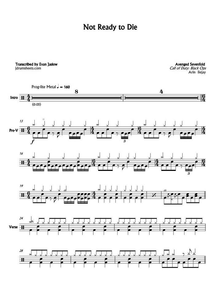 Not Ready to Die - Avenged Sevenfold - Full Drum Transcription / Drum Sheet Music - Jaslow Drum Sheets