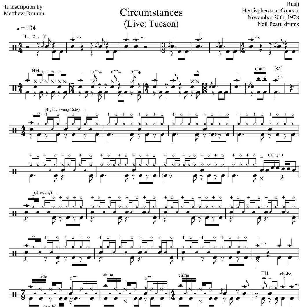 Circumstances (Live in Tucson 1978 from Hemispheres in Concert) - Rush - Full Drum Transcription / Drum Sheet Music - Drumm Transcriptions