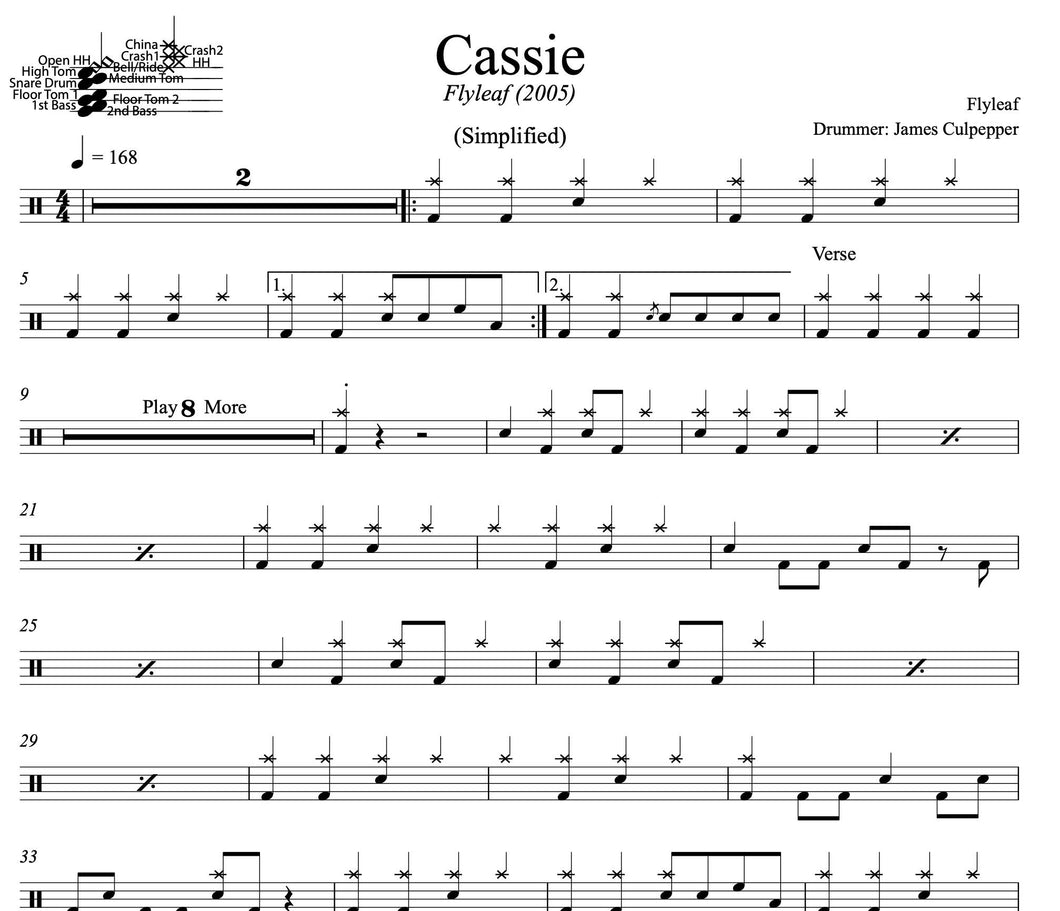 Cassie - Flyleaf - Simplified Drum Transcription / Drum Sheet Music - DrumSetSheetMusic.com