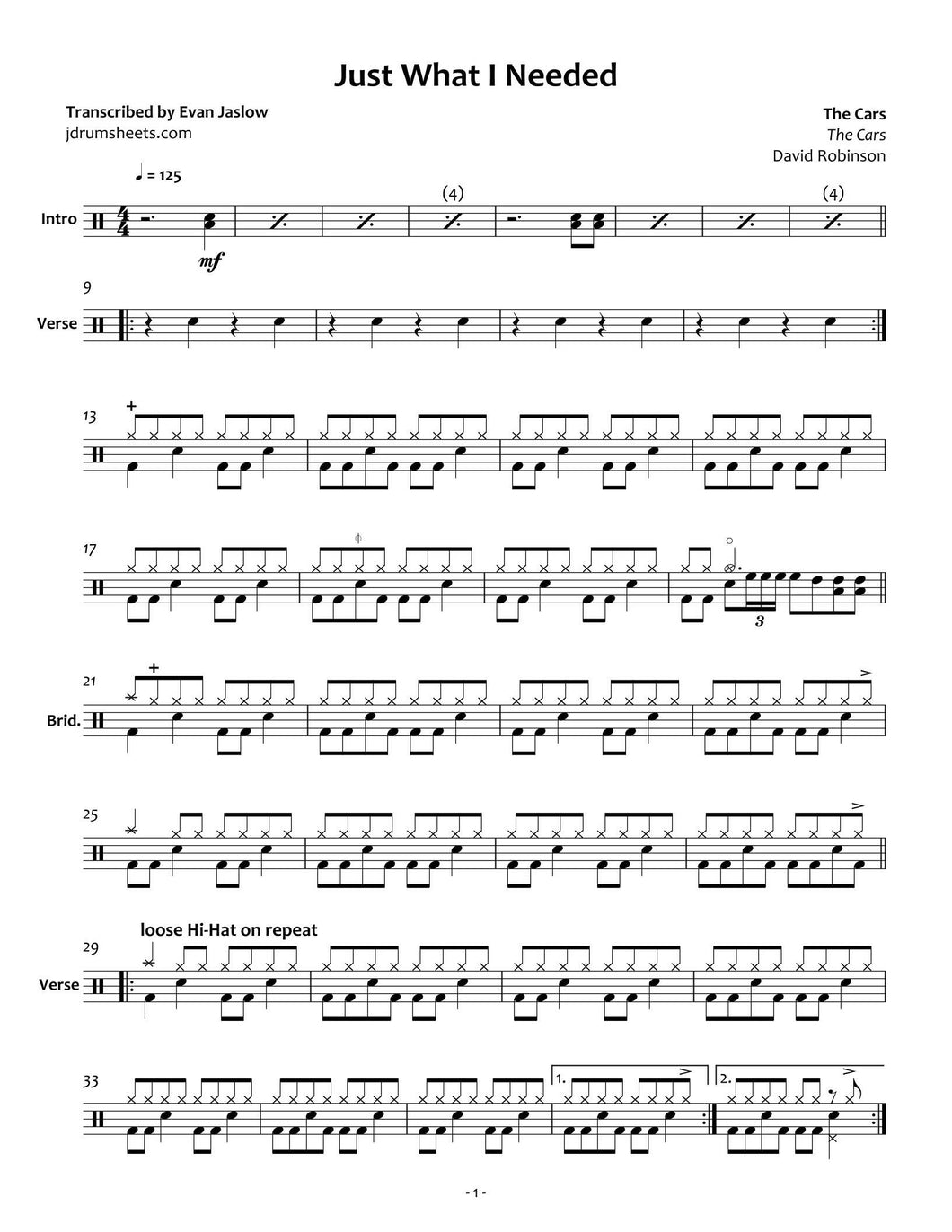 Just What I Needed - The Cars - Full Drum Transcription / Drum Sheet Music - Jaslow Drum Sheets