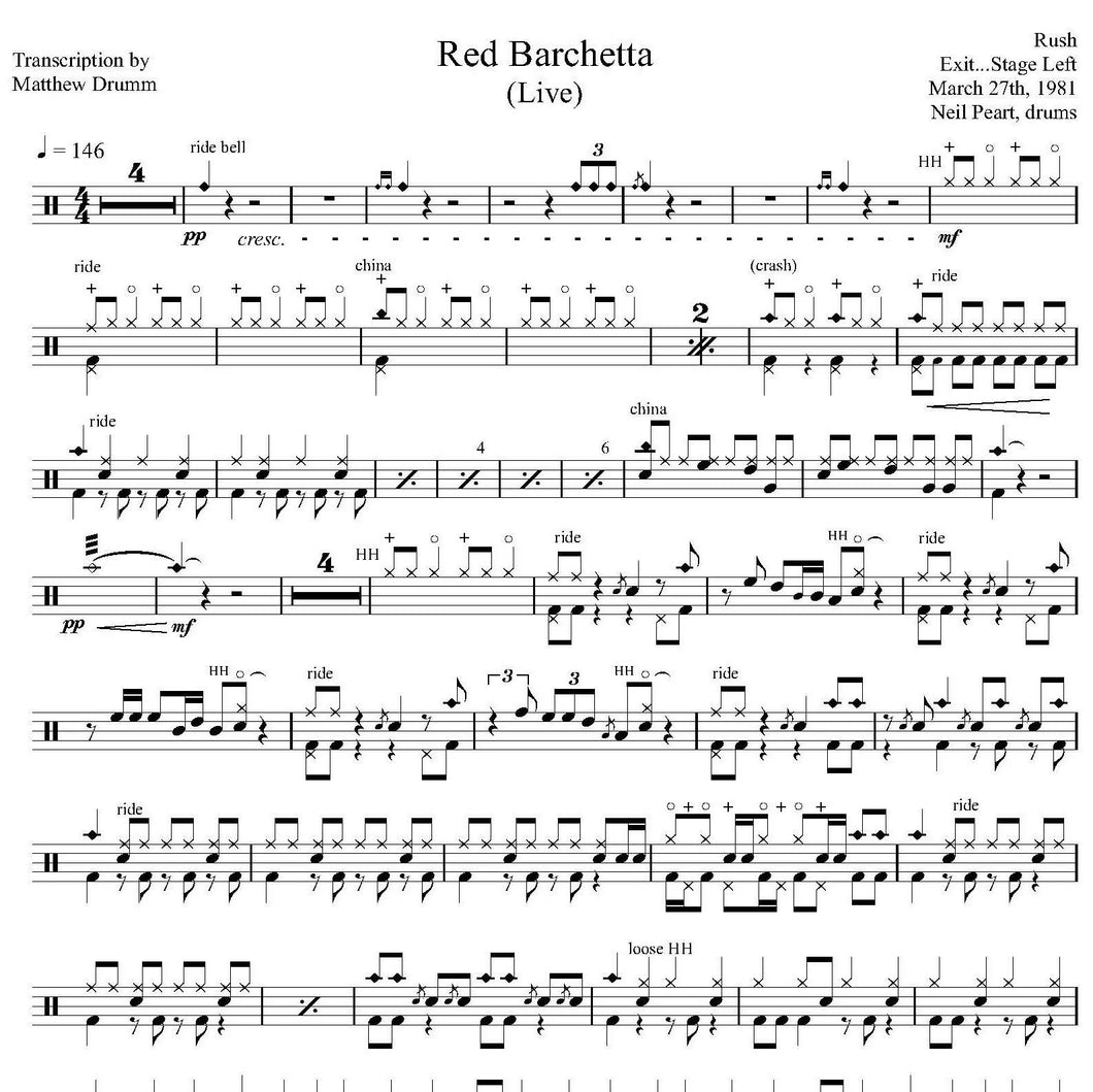 Red Barchetta (Live in Montreal 1981 on Moving Pictures Tour from Exit...Stage Left) - Rush - Full Drum Transcription / Drum Sheet Music - Drumm Transcriptions