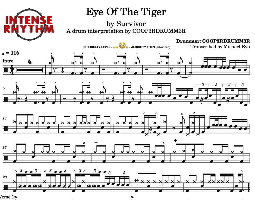 Eye of the Tiger (COOP3RDRUMM3R Drum Cover) - Survivor - Full Drum Transcription / Drum Sheet Music - Intense Rhythm Drum Studios