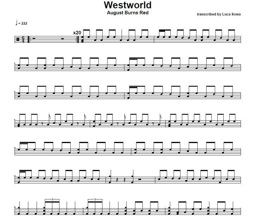 Westworld - August Burns Red - Full Drum Transcription / Drum Sheet Music - Luca Sowa Drum Sheets