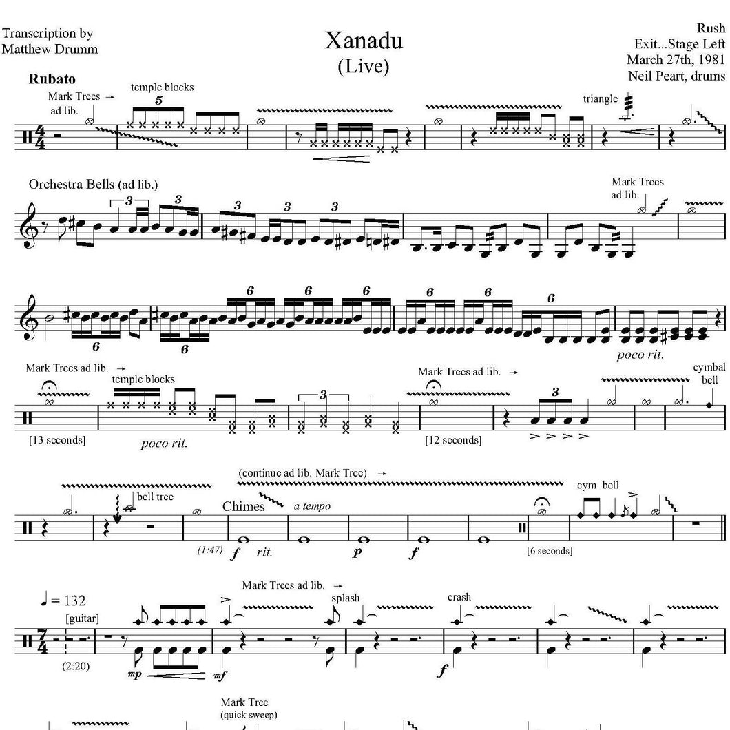 Xanadu (Live in Montreal 1981 on Moving Pictures Tour from Exit...Stage Left) - Rush - Collection of Drum Transcriptions / Drum Sheet Music - Drumm Transcriptions