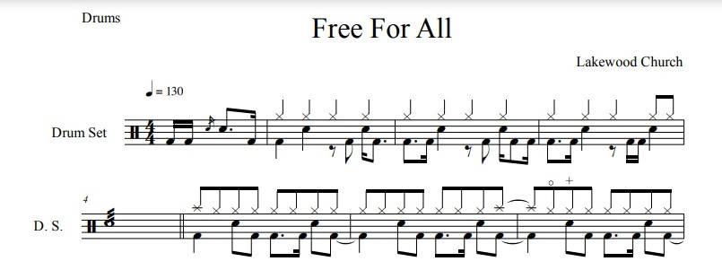 Free for All - Lakewood Church - Full Drum Transcription / Drum Sheet Music - DrumSheets4U